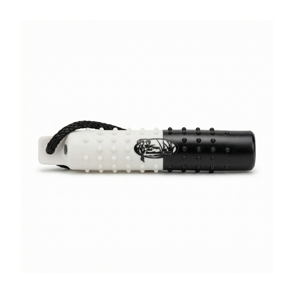 The HuntEmUp 2in Plastic Dog Training Bumper Dummy w/Valve Black White Flasher