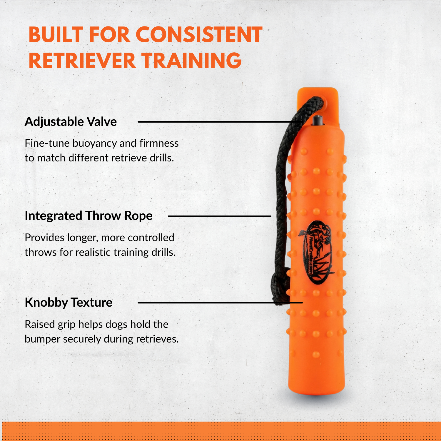 The HuntEmUp 2in Plastic Dog Training Bumper Dummy w/Valve Orange