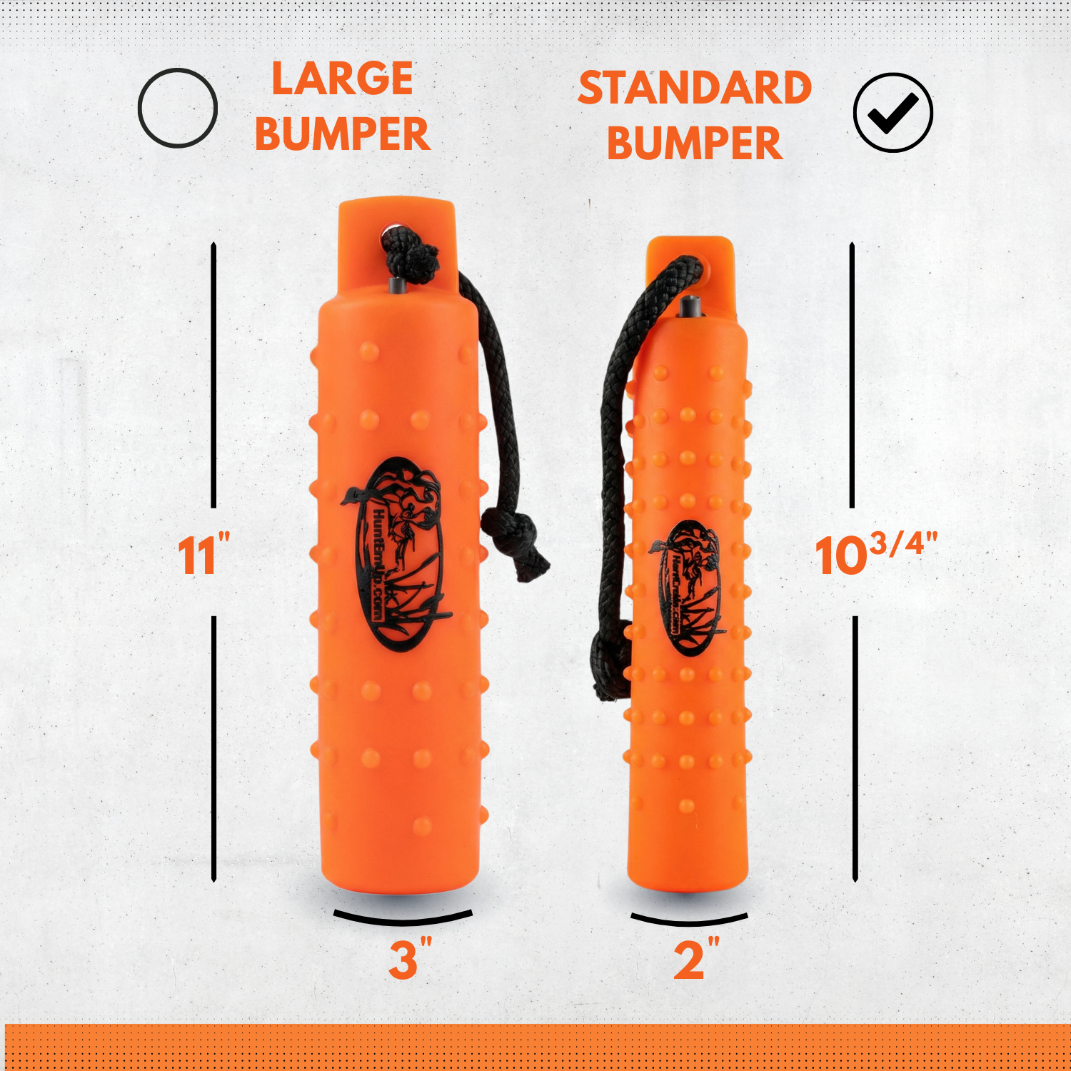 The HuntEmUp 2in Plastic Dog Training Bumper Dummy w/Valve Orange